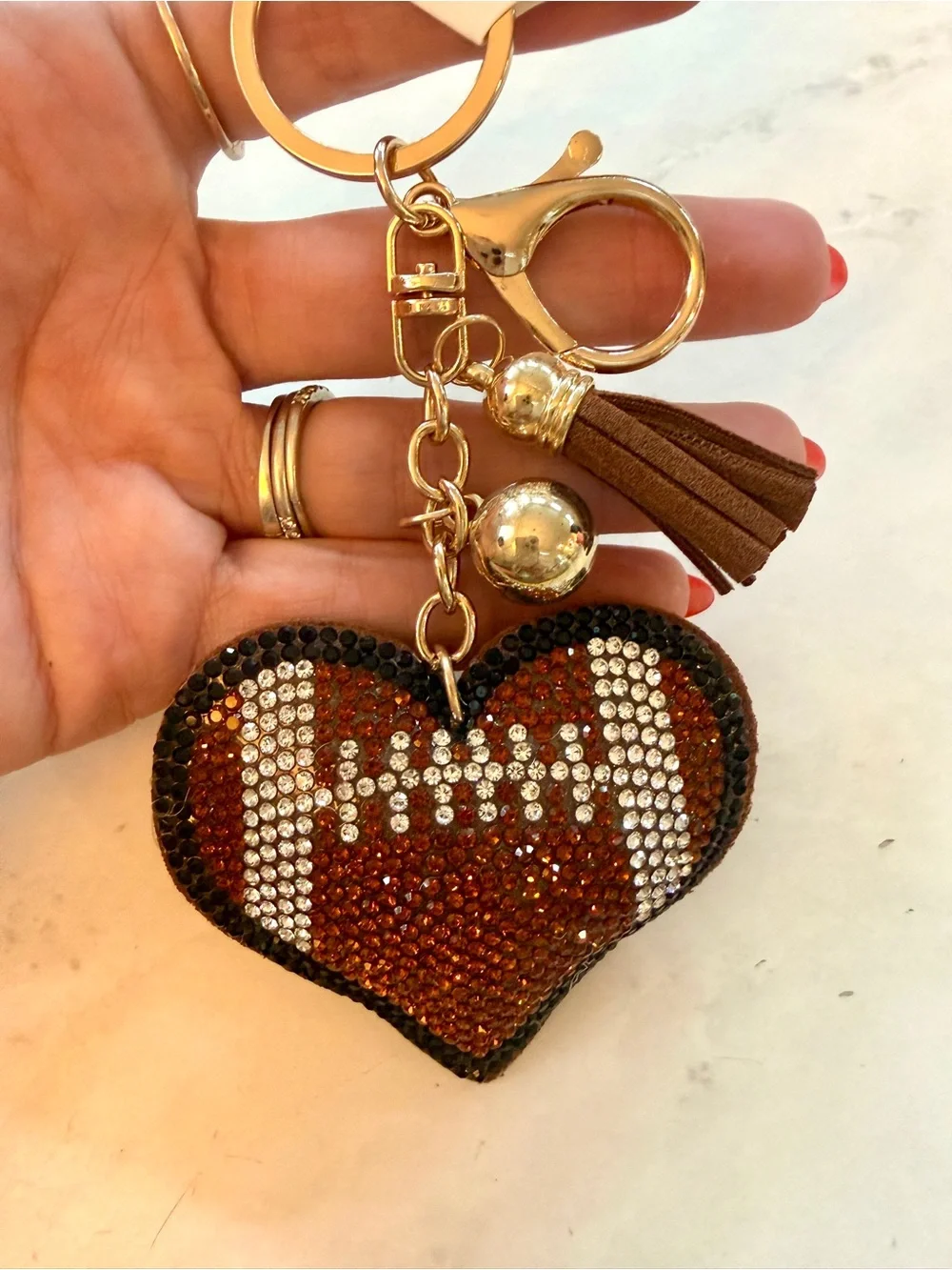 New Bling Rhinestone Football Heart Puffy Keychain / Purse Charm